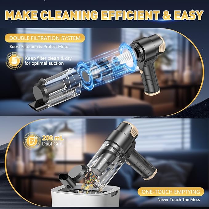 KMM Handheld Car Vacuum Cleaner, 16000PA Air Duster & Vacuum Cleaner, 120W High Power Hand Held Vacuum Cordless, Portable Vacuum Rechargeable with Multi-Nozzles & LED Light for Car, Home, Pet, Office