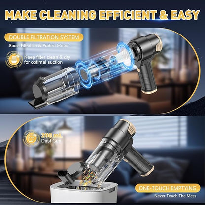 KMM Handheld Car Vacuum Cleaner, 16000PA Air Duster & Vacuum Cleaner, 120W High Power Hand Held Vacuum Cordless, Portable Vacuum Rechargeable with Multi-Nozzles & LED Light for Car, Home, Pet, Office