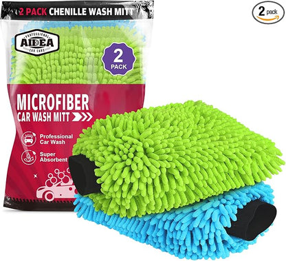 AIDEA Car Wash Mitt Microfiber, 2PK Scratch Free Lint-Free, Premium Chenille Microfiber Mitt Car Wash Brush, Green & Blue, Regular Size 7.12''X10.14''