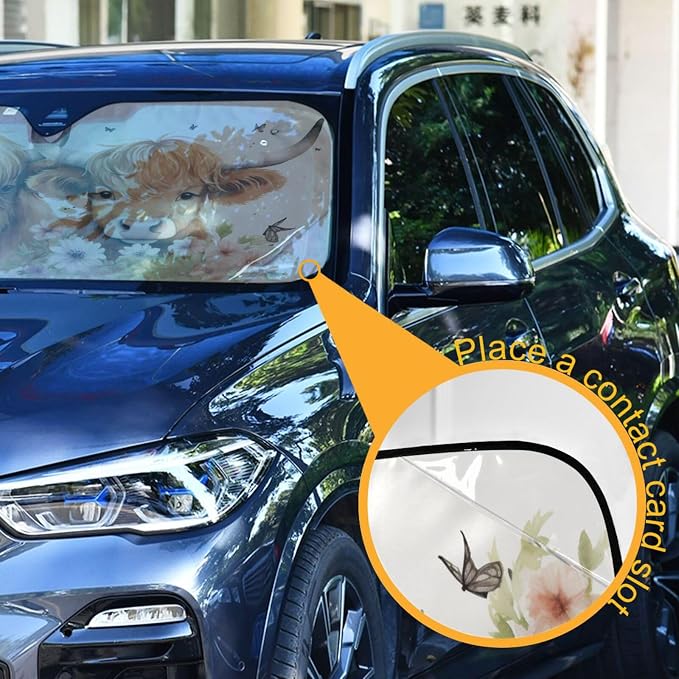 Car Windshield Sun Shade Highland Cows Flower Foldable UV Ray Sun Visor Protector Sunshade to Keep Your Vehicle Cool 55" x 27.6"