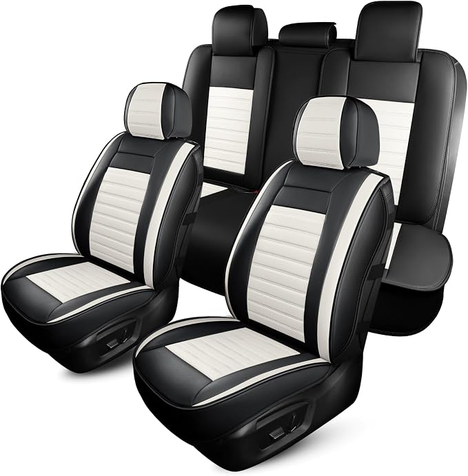 HChengkikz Car Seat Covers Full Set, Breathable Nappa Leather Seat Covers, Horizontal Stripes Automotive Seat Covers, Universal Seat Cushions for Sedan SUV Truck (5 PCS Full Set, Black + Cream)