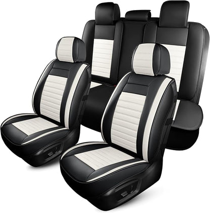 HChengkikz Car Seat Covers Full Set, Breathable Nappa Leather Seat Covers, Horizontal Stripes Automotive Seat Covers, Universal Seat Cushions for Sedan SUV Truck (5 PCS Full Set, Black + Cream)