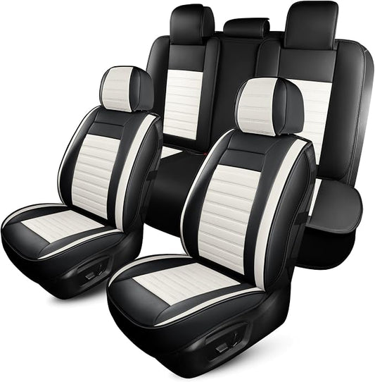 HChengkikz Car Seat Covers Full Set, Breathable Nappa Leather Seat Covers, Horizontal Stripes Automotive Seat Covers, Universal Seat Cushions for Sedan SUV Truck (5 PCS Full Set, Black + Cream)