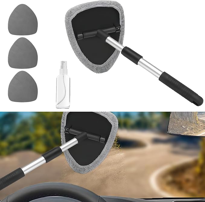 Car Window Cleaner, Car Cleanser Brush, Car Accessories Car Cleaning Supplies Tools, Car Cleaning Kit with Extendable Handle, Microfiber Cloth, Spray Bottle, Fits All Cars (Gray)