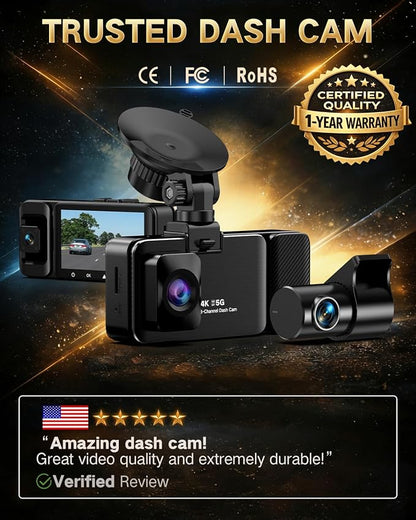 4K Dash Cam Front and Rear Inside, 3 Channel Dash Camera for Cars with 64GB SD Card, 5G WiFi Dash Cam, APP Control, Night Vision, 3" IPS Screen, G-Sensor, Loop Recording, K02 Pro