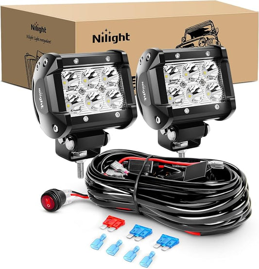 Nilight ZH009 LED Light Bar 2PCS 18W Spot Off Road Lights with 16AWG Wiring Harness Kit-2 Lead