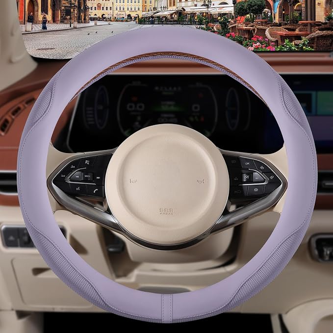 Nappa Leather Purple Steering Wheel Cover, Advanced Microfiber Leather Non-Slip Breathable Fabric, Warm in Winter and Cool in Summer, Universal 15 inch