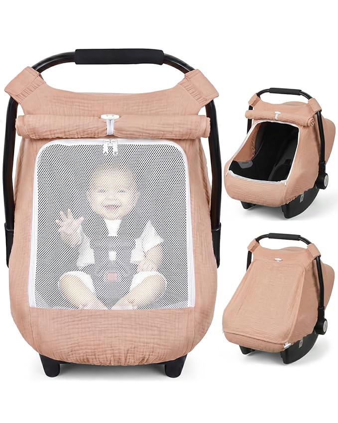 Rquite Car Seat Cover Baby Girl Boy, 100% Muslin Cotton Carseat Covers, Breathable Infant Windproof Canopy with Mesh Window, Stroller Sun Shade for Summer & Hot Day, Dusty Rose