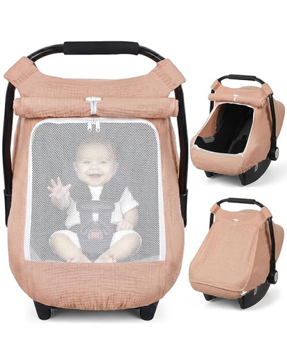 Rquite Car Seat Cover Baby Girl Boy, 100% Muslin Cotton Carseat Covers, Breathable Infant Windproof Canopy with Mesh Window, Stroller Sun Shade for Summer & Hot Day, Dusty Rose