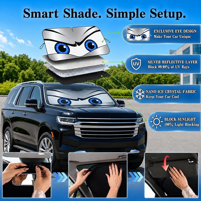 Silver Cool Eyes Large Foldable Front Window Sunshade- 63 x 33.86