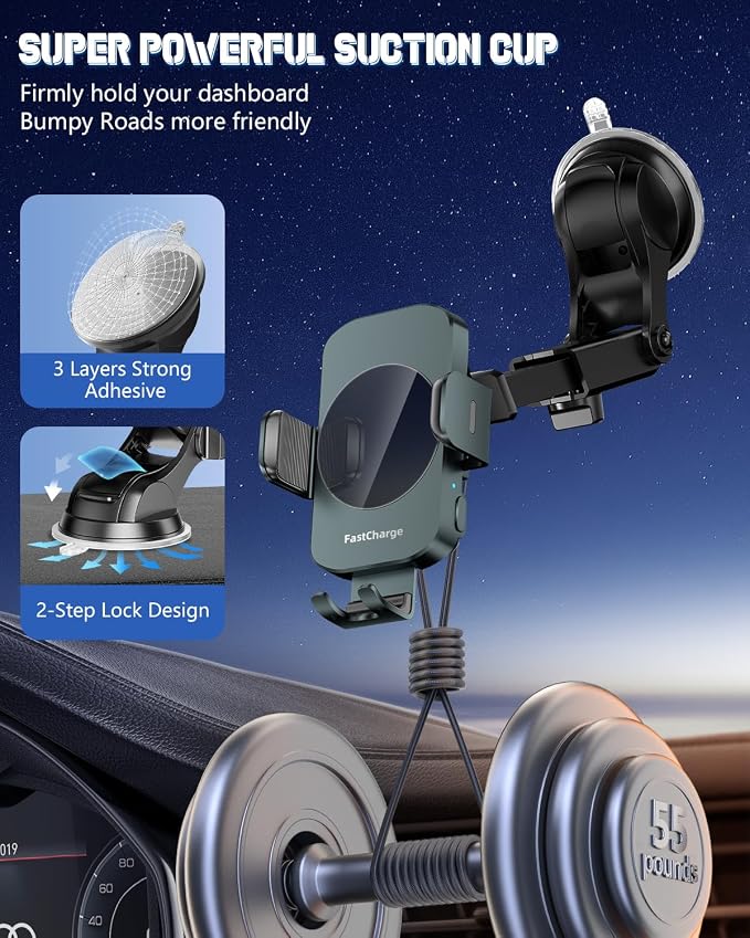 3-in-1 Wireless Car Charger Mount, 15W Fast Charging Auto-Clamping Phone Holder for iPhone 17 16 15 14, Samsung Galaxy S24 S23, Dashboard, Vent & Windshield Car Mount(Forest Green)