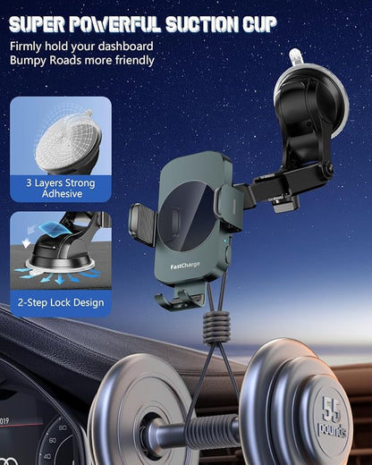 3-in-1 Wireless Car Charger Mount, 15W Fast Charging Auto-Clamping Phone Holder for iPhone 17 16 15 14, Samsung Galaxy S24 S23, Dashboard, Vent & Windshield Car Mount(Forest Green)
