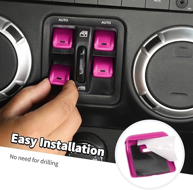 Jimen for JK Window Button Covers, 4PCS Center Console Window Switch Cover Interior Trim Kits Compatible with Jeep Wrangler JK & Unlimited 2012-2018, Aluminum Alloy (Pink)