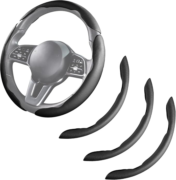 Car Steering Wheel Cover Leather Snap On 3Pcs Set Non-Slip Protector Wrap Steering Wheel Accessories 14.5-15 inch Universal Black