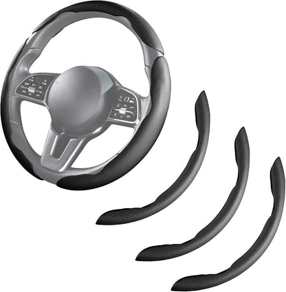 Car Steering Wheel Cover Leather Snap On 3Pcs Set Non-Slip Protector Wrap Steering Wheel Accessories 14.5-15 inch Universal Black