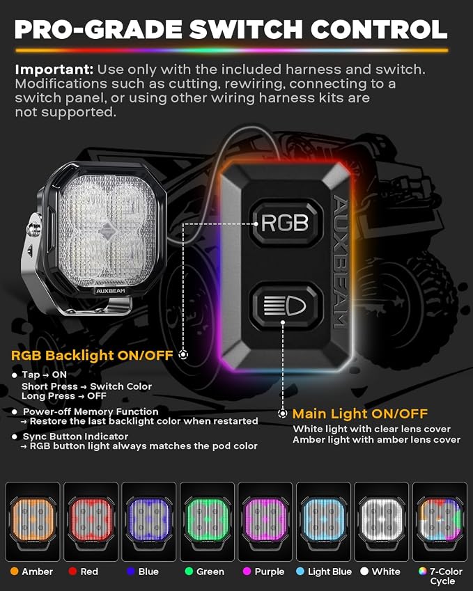 Auxbeam Color Play Series RGB 3-Inch LED Off-Road Lights Cube Pods | RGBW 7-color backlight with gradient cycle, Color changing ambient offroad lighting, 116W 12960LM flood beam ditch lights
