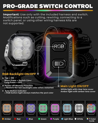 Auxbeam Color Play Series RGB 3-Inch LED Off-Road Lights Cube Pods | RGBW 7-color backlight with gradient cycle, Color changing ambient offroad lighting, 116W 12960LM flood beam ditch lights