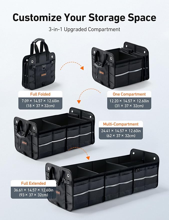 AstroAI Car Trunk Organizer Storage Large for SUV, Truck, Pickup, Collapsible Trunk Organizer Portable Storage Box with Cooler Bag, Foldable Cover, Nylon Handles, PU Bottom and PE Plate