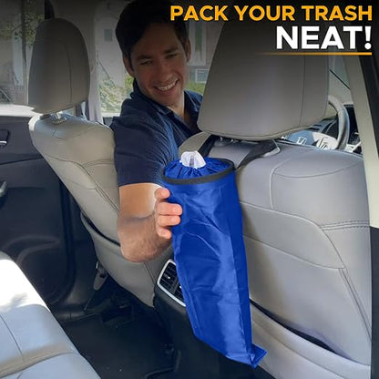 EcoNour 2 Pack Blue Car Trash Bag | Washable Back Seat Hanging Bag with Elastic Opening & Easy Mount | Garbage Can with Waterproof Oxford Material | Accessories for Camping, Traveling & Outdoor