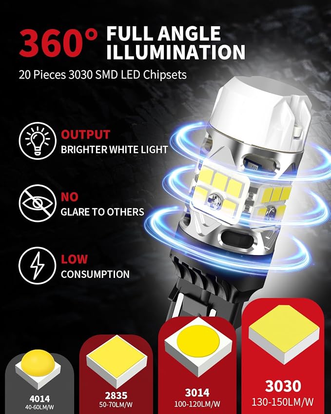 LASFIT T3 7443 7440 LED Bulb Reverse light with Built In Resistor Canbus Ready 7441 7444 W21W LED White Bulb for Backup Parking Daytime Running Light Side Marker Turn Signal(2pcs)