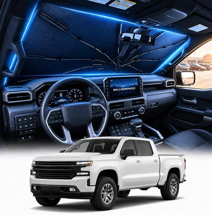 [2026 Upgraded] DooGooCoo Windshield Sun Shade Umbrella for Chevy Silverado [100% Sunlight Blocked, Cooling Ice Crystal] Sunshade for Car Windshield for Silverado Sun Shade 2019-2026.