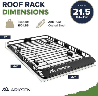 ARKSEN 64" x 39" Roof Rack Cargo Basket with Extension, 150 lbs Heavy Duty Rooftop Carrier, Car Top Luggage Holder for SUV Truck Car, Includes 21.5 Cu Ft Waterproof Cargo Bag for Travel Camping