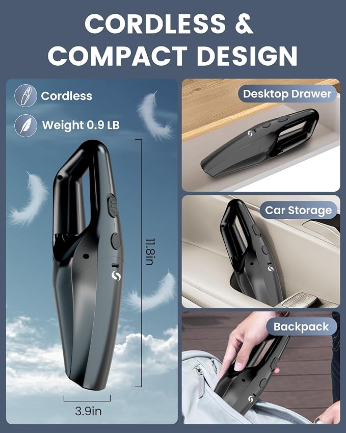 Handheld Vacuum Cordless Cleaner, Portable Mini Car Handheld Vacuum, Vacuum Portable with HEPA Filter, Hand Held Cordless for Car Accessories, Pet Hair, Home, Office