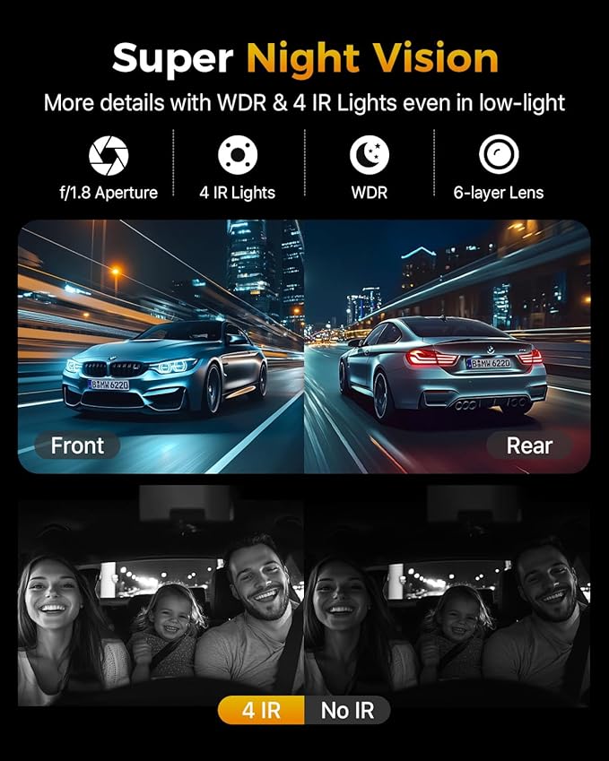 GKU 4K 3 Channel Dash Cam Front and Rear Inside, 3" IPS Screen, 5.8GHz WiFi Dash Camera for Cars, Built-in GPS, G-Sensor, 64GB Card Included, 24H Park Mode