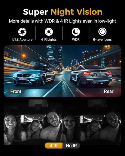 GKU 4K 3 Channel Dash Cam Front and Rear Inside, 3" IPS Screen, 5.8GHz WiFi Dash Camera for Cars, Built-in GPS, G-Sensor, 64GB Card Included, 24H Park Mode