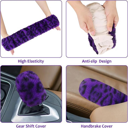 Accmor Fuzzy Car Steering Wheel Cover, Universal Fit Fur Car Wheel Cover & Handbrake Cover & Gear Shift Cover Set, Fluffy Fashion Leopard Print Auto Steering Wheel Protector for Women Girls(Purple)