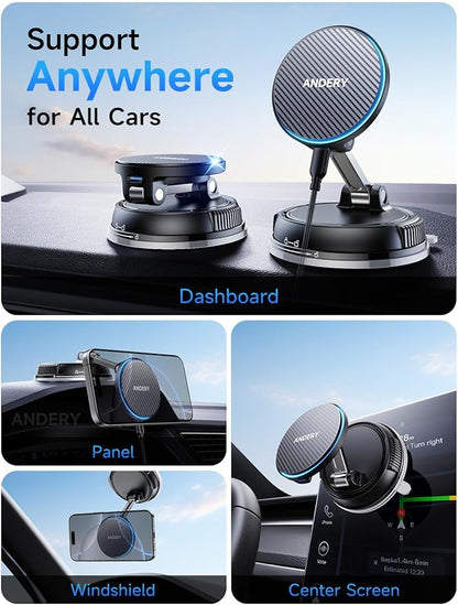 ANDERY Only for iPhone Magsafe Car Mount Charger [15W Fast Wireless Charge, 78+LBS Strong Suction & 2400gf Magnetic] 360° Adjustable Car Phone Holder, Phone Holders for Your Car Dash Accents Accessory