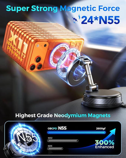 2026 Upgraded Vacuum Magnetic Car Phone Holder, 85LBS Strongest Suction & 2600gf Magnetic for Magsafe Car Mount, 360° Adjustable Foldable Cell Phone Holders for Your Car for iPhone 17 Pro Max 16 15