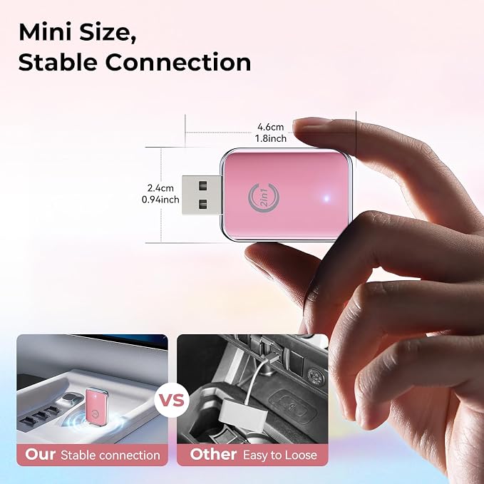 Wireless Carplay Adapter for iPhone, Convert Wired Carplay to Wireless, 2 in 1 Plug and Play Mini CarPlay Android Auto Adapter for iOS 10 Android 11 and Above, Cars with Built-in Carplay (Rose Pink)