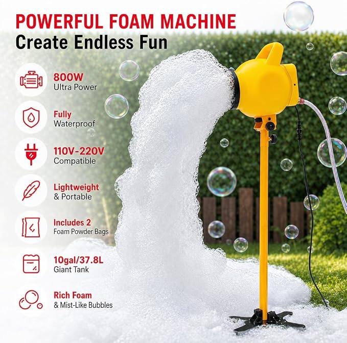 PILIN Yellow Foam Machine for Party 800W Electric Foam Cannon with Water Tank & 2 Foam Powder Packs, Adjustable Foam Machine for Indoor Outdoor Events, Festivals, Birthday Parties, Weddings