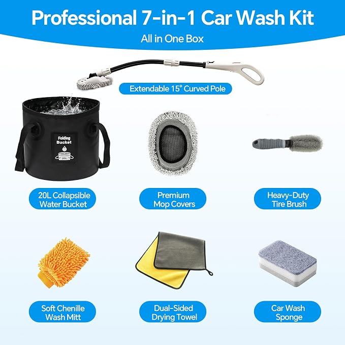 7-in-1, Car Wash Brush 15°Curved with 47" Long Handle and 90° Rotating Replaceable Brush Head, Car Wash Kit with Microfiber Towel and Tire Brush for Car, SUV, RV, Floor Cleaning-White.