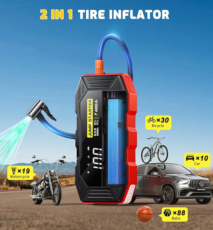 Jump Starter with Air Compressor 4000A Portable Car Battery Jump Starter (All Gas/10L Diesel), 160PSI Auto-Shutoff Tire Inflator Air Compressor, SuperSafe 12V Jump Box Car Battery Jumper Booster