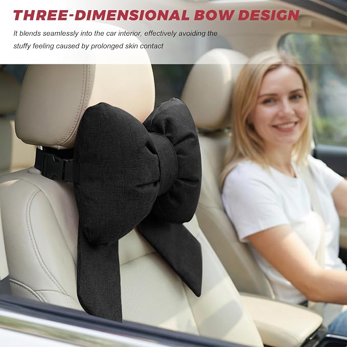 Cute Bow Car Headrest Pillow, Soft Comfortable Bow Auto Seat Pillow with Adjustable Strap, Breathable Ergonomic Neck Support Cushion Bowtie Decoration for Most Vehicles (Black)
