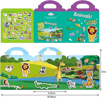 Reusable Sticker Book for Kids, Animal Stickers Educational Learning Toys Travel Stickers Activity Books for Toddler Girls Boys Age 3+ Birthday Gifts