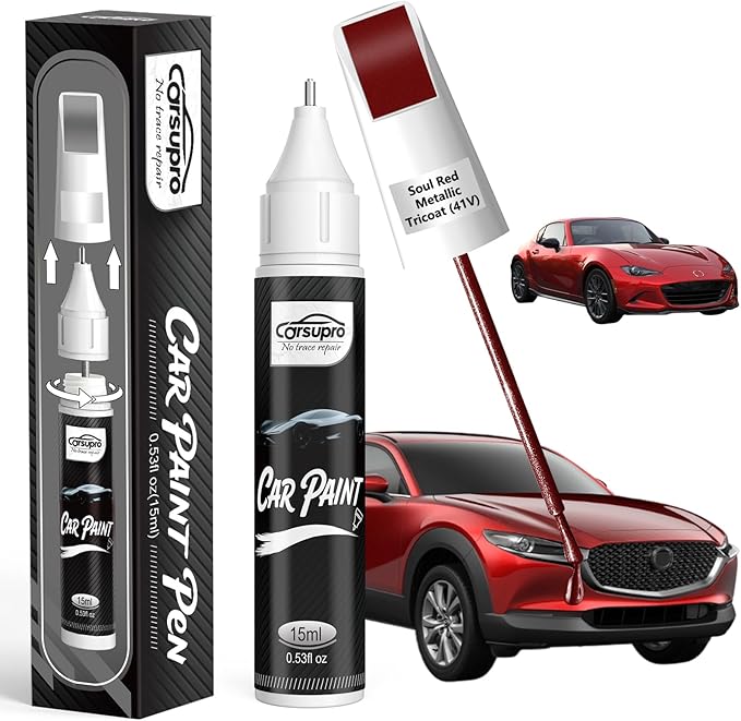 Soul Red Metallic Tricoat(41V) for Mazda Touch Up Paint Pen, 2 in 1 Car Scratch Remover with Pen Tip and Brush, Precise Color Match for Car Paint Scratch Repair, Quickly and Easily Fix Chips and Nicks