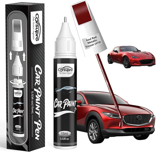Soul Red Metallic Tricoat(41V) for Mazda Touch Up Paint Pen, 2 in 1 Car Scratch Remover with Pen Tip and Brush, Precise Color Match for Car Paint Scratch Repair, Quickly and Easily Fix Chips and Nicks