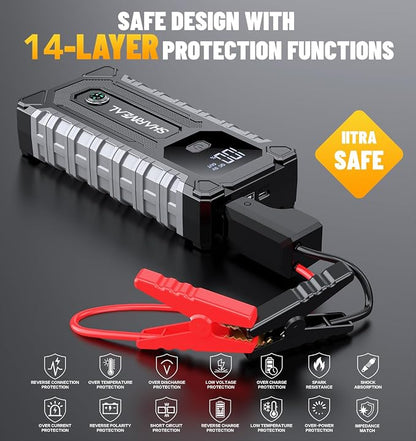 Sharmeal Car Battery Jump Starter 6000A, Car Jumper Starter Battery Pack for Up to All Gas & 10.0L Diesel Engines, 12V Portable Jump Box with 3 Modes Flashlight and Jumper Cable