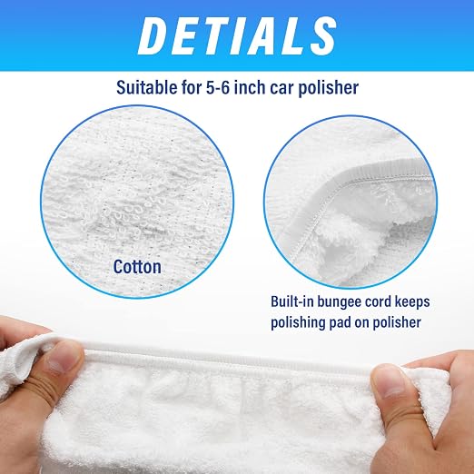 Bonsicoky 6 PCS Car Polishing Bonnet Buffing Pad Cotton Buffing Pad Cover for 5" - 6" Car Polisher, White