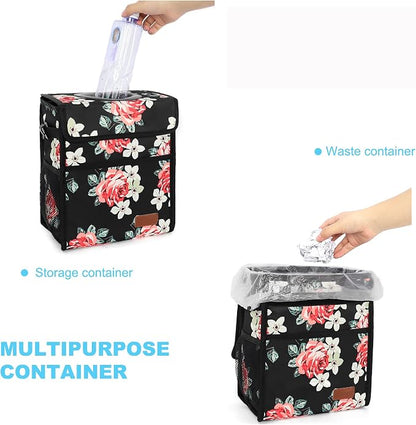 Femuar Car Trash Can Leak Proof Car Trash Bag Waterproof Car Garbage Can with Lid Collapsible and Portable with Storage Pocket, Large/Flower, 3 Gallons