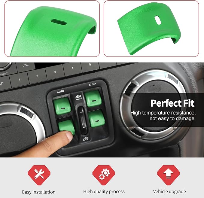 Jimen for JK Window Button Covers, 4PCS Center Console Window Switch Cover Interior Trim Kits Compatible with Jeep Wrangler JK & Unlimited 2012-2018, Aluminum Alloy (Green)