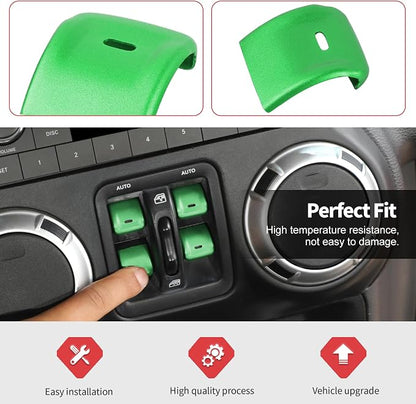 Jimen for JK Window Button Covers, 4PCS Center Console Window Switch Cover Interior Trim Kits Compatible with Jeep Wrangler JK & Unlimited 2012-2018, Aluminum Alloy (Green)