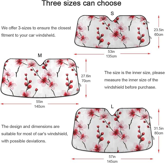 Cars Front Sun Shade Windshield,Foldable Reflective Sun Visor Cherry Blossoms Pink Red Windshield Sunshade Cover,Blocks UV Ray Sun Protect Interior Keep Cool,53" x 23.5 "