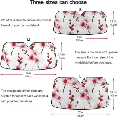 Cars Front Sun Shade Windshield,Foldable Reflective Sun Visor Cherry Blossoms Pink Red Windshield Sunshade Cover,Blocks UV Ray Sun Protect Interior Keep Cool,53" x 23.5 "