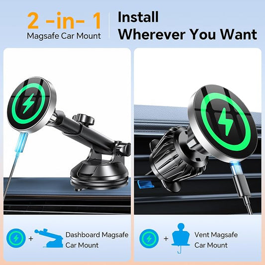 Coolpow for MagSafe Car Mount Charger【Ultra Magnet】 Magnetic Phone Holders for Your Car Charger【Windshield+Vent+Dash】 Magnetic Wireless Car Phone Holder Charger Car Mount for iPhone 17 (Gray)