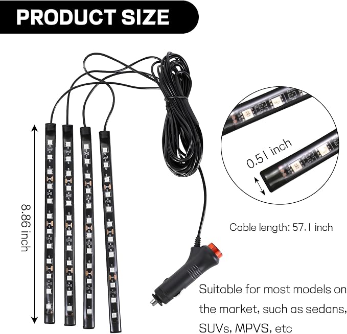 Car LED Strip Light, 12V 48 LED Interior Atmosphere Lights Under Dash Ambient Night Light, Auto Interior Decorative Lamp with Cigarette Adapter Plug, Car Accessories (Red, Cigarette Lighter)