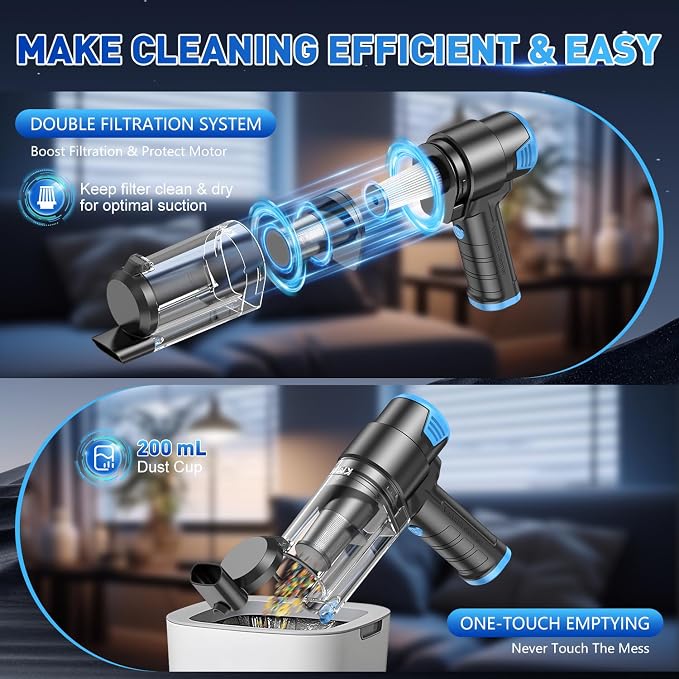 KMM Handheld Car Vacuum Cleaner, 16000PA Air Duster & Vacuum Cleaner, 120W High Power Hand Held Vacuum Cordless, Portable Vacuum Rechargeable with Multi-Nozzles & LED Light for Car, Home, Pet, Office